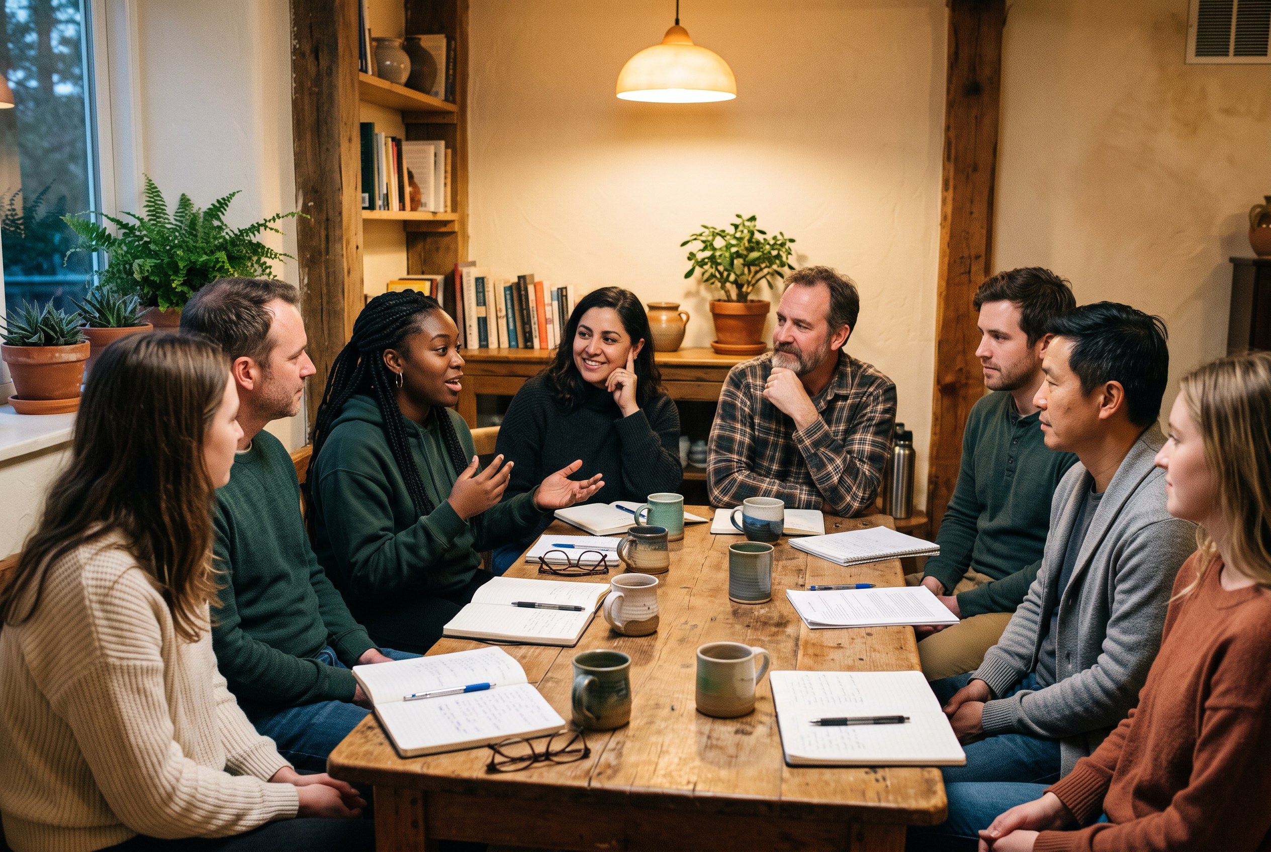 A small group of men and women talking around a wooden table in a warm room
