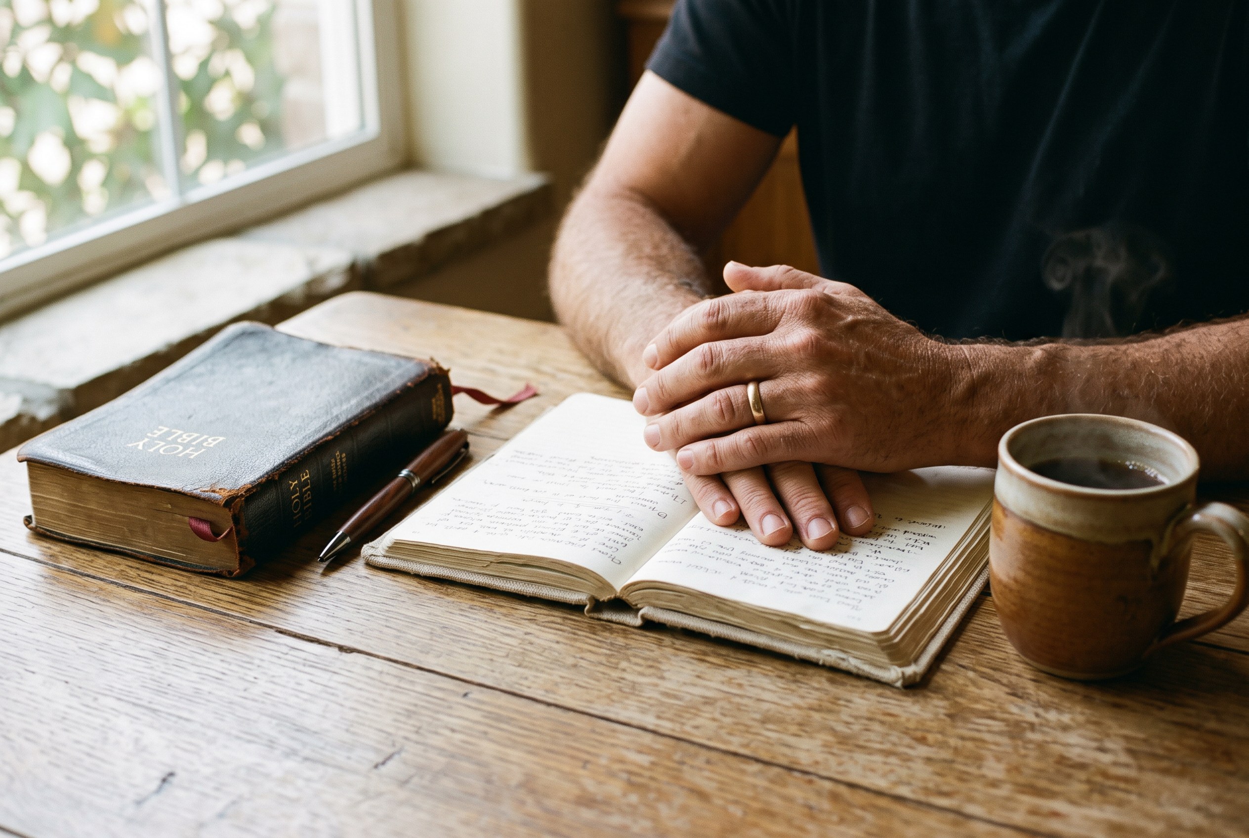 A man's hands resting on an open journal beside a worn Bible and a warm mug